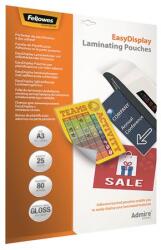 Fellowes Meleglamináló fólia, 80 mikron, A3, fényes, öntapadó, 25 db, FELLOWES "Admire Easy Display (IFW56018) - irodaoutlet