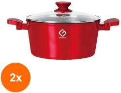 Grunberg Set 2 x Cratita Aluminiu, Ceramica Marmorata, cu Capac, Plita Inductie, Rosie, 20 x 9.50 cm, 2.30 l (GUJ-2xGR8820)