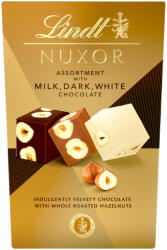 Lindt Nuxor csokoládé válogatás tej-, ét- és fehér csokoládé egész mogyoróval őrölt mogyoróval 150 g