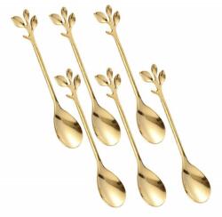 Pufo 6 darabos Pufo Leaf teáskanál készlet kávéhoz, teához, desszerthez, rozsdamentes acél, levél alakú nyéllel, arany, 13 cm (Pufo2357C)