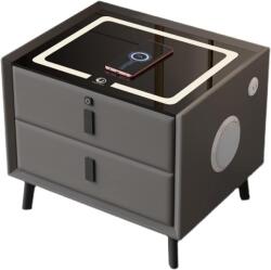 FOXMAG24 Éjjeliszekrény 2 fiókkal, ujjlenyomatos fiókblokkolással, LED-del, USB-C-vel, Bluetooth hangszóróval és vezeték nélküli töltővel, hálószobához, 3D biztonsági üveggel, fekete