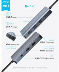 Anker usb hub, 8-in-1, usb-c hub, 2x4k hdmi, 1xvga, 3xusb-a, usb-c 5gbps, szürke - a83790a1 A83790A1 (A83790A1)