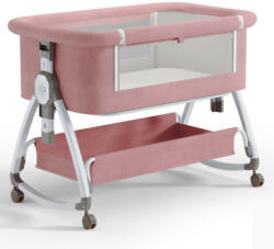  összecsukható kiságy, 6 állítható pozíció, dönthető, zárrendszer, rovarháló, tárolókosár, kerekek fékekkel, rózsaszín