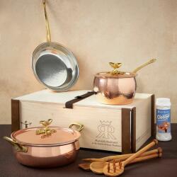 Ruffoni réz edénykészlet, Historia kollekció, 5 db, 2 db fedőt tartalmaz, cseresznyefa edények, kézzel készített Olaszországban, kézzel faragott bronz fogantyúk, gáz- és villanytűzhellyel kom