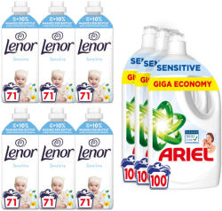 Ariel Sensitive Skin folyékony mosószer 3x4, 5 liter (300 mosás) + Lenor Öblítő Sensitive skin 6x1491 ml (426 mosás)