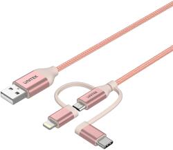 Unitek Y-C4036ARG USB-A Apa - Micro USB/USB-C/Lightning Apa 2.0 iPhone Töltőkábel - Rózsaszín 1m