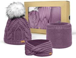 Bontis Ajándékcsomag: Női sapka bojttal, fejpánt és körsál - Púderlila (gift-set-II-powder-lilac)