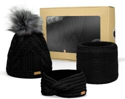 Bontis Ajándékcsomag: Női sapka bojttal, fejpánt és körsál - Fekete (gift-set-II-black)