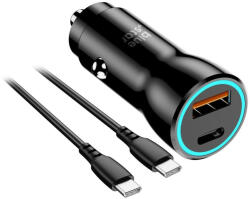  Szivartöltő fej 1xType-C / 1x USB csatlakozó, Type-C - Type-C kábel, PD / QC3.0 / 3A / 25W, 1M, fekete, BlueStar