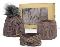 Bontis Ajándékcsomag: Női sapka bojttal, fejpánt és körsál - Kasmír színű (gift-set-II-cashmere)