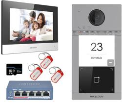 Hikvision KIT videointerfon Smart pentru o familie, Rj45 + Wi-Fi 2.4Ghz, Switch PoE, Card, Tag, monitor 7 inch negru, - HIKVISION DS-KIS604-B (DS-KIS604-B)