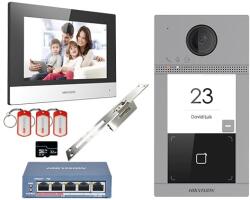 Hikvision KIT videointerfon Smart pentru o familie cu yala electromagnetica incastrabila, Rj45 + Wi-Fi 2.4Ghz, Switch PoE, Card, Tag, monitor 7 inch negru, - HIKVISION DS-KIS604-BYA (DS-KIS604-BYA)