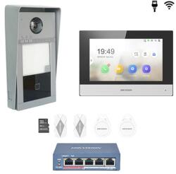 Hikvision KIT videointerfon Smart pentru o familie, Rj45 + Wi-Fi 2.4Ghz, Switch PoE, Card, Tag, Carcasa montaj, monitor 7 inch negru, - HIKVISION DS-KIS604-BC (DS-KIS604-BC)