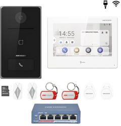 Hikvision KIT videointerfon Smart pentru o familie, Rj45 + Wi-Fi 2.4Ghz, Switch PoE, Card, Tag, monitor 7 inch alb, - HIKVISION DS-KIS605-ASA (DS-KIS605-ASA)