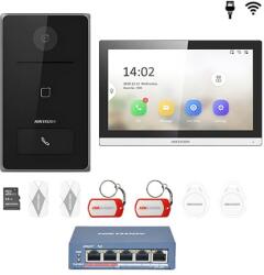 Hikvision KIT videointerfon Smart pentru o familie, Rj45 + Wi-Fi 2.4Ghz, Switch PoE, Card, Tag, monitor 7 inch negru, - HIKVISION DS-KIS605-BBSA (DS-KIS605-BBSA)