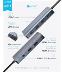 Anker A83790A1 USB HUB, 8-in-1, USB-C Hub, 2x4K HDMI, 1xVGA, 3xUSB-A, USB-C 5Gbps (szürke) (A83790A1) (A83790A1)