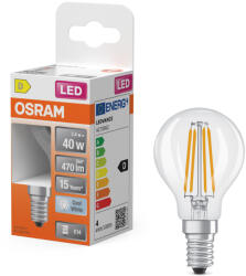 OSRAM E14 LED kisgömb, 3, 4W, 470 lm, 4000 K, hidegfehér, áttetsző üveg-40 W izzó helyett - Superstar Classic P filament (4099854468339)