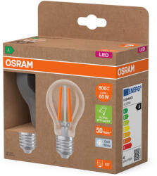 OSRAM E27 LED 3, 8W, 806 lm, 4000 K, hidegfehér, áttetsző üveg-60 W normál izzó helyett, 2 darabos - Superstar+ Classic A filament (4099854259753)