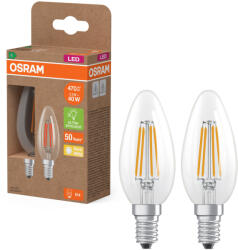 OSRAM E14 LED gyertya, 2, 2W, 470 lm, 2700 K, melegfehér, áttetsző üveg-40 W izzó helyett, 2 darabos - Superstar+ Classic B filament (4099854255472)