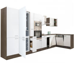 Leziter Yorki 430 Sarok Konyhablokk - Yorki Tölgy Korpusz, Selyemfényű Fehér Front, Alulagyasztós Hűtős Szekrénnyel