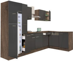 Leziter Yorki 310 Sarok Konyhablokk - Yorki Tölgy Korpusz, Selyemfényű Antracit Front, Felülfagyasztós Hűtős Szekrénnyel