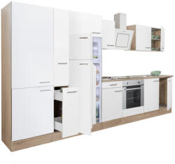 Leziter Yorki 360 Konyhablokk - Sonoma Tölgy Korpusz, Selyemfényű Fehér Front, Alsó Sütős Elemmel, Polcos Szekrénnyel és Felülfagyasztós Hűtős Szekrénnyel