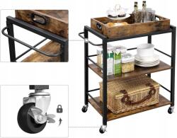 Songmics Konyhai tálaló asztal, 65cm, fém, MDF, 3 polc, fekete-barna (LRC72X)