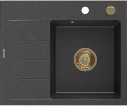 Mexen Ben Gránit egytálcás mosogató csepegtetővel, jobb oldali, 600 x 500 mm, fekete pöttyös, arany szifon (6523605000-76-G)