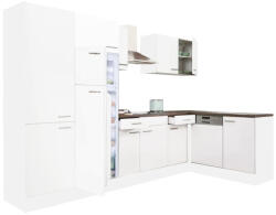 Leziter Yorki 340 Sarok Konyhablokk - Fehér Korpusz, Selyemfényű Fehér Front, Polcos Szekrénnyel és Felülfagyasztós Hűtős Szekrénnyel