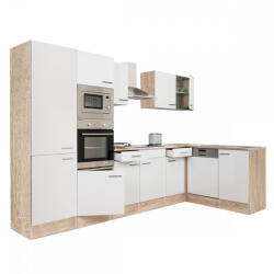 Leziter Yorki 340 Sarok Konyhablokk - Sonoma Tölgy Korpusz, Selyemfényű Fehér Front, Polcos Szekrénnyel