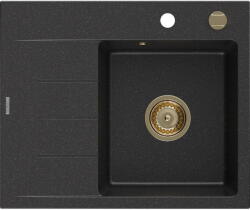 Mexen Ben Gránit mosogató, jobbos, 1-medencés, csepegtetővel, 600 x 500 mm fekete/ezüst metál arany szifonnal (6523605000-73-G)