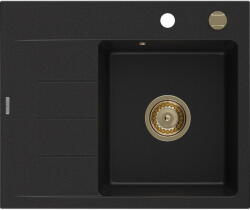 Mexen Ben gránit mosogató 1 rekeszes, csepegtetőtálcás, jobb oldali 600 x 500 mm, fekete, arany szifon - 6523605000-77-G (6523605000-77-G)