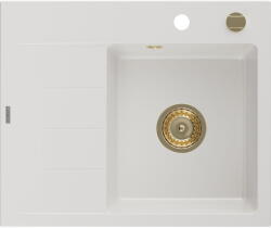 Mexen Ben gránit mosogató egy tálcás lecsöpögtetővel, jobb oldali 600 x 500 mm, fehér, arany szifonnal - 6523605000-20-G (6523605000-20-G)