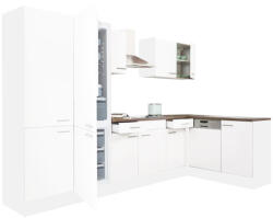 Leziter Yorki 340 Sarok Konyhablokk - Fehér Korpusz, Selyemfényű Fehér Front, Polcos Szekrénnyel és Alulfagyasztós Hűtős Szekrénnyel