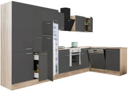 Leziter Yorki 370 Sarok Konyhabútor - Sonoma Tölgy Korpusz, Selyemfényű Antracit Front, Alsó Sütős Elemmel, Polcos Szekrénnyel, Felülfagyasztós Hűtős Szekrénnyel