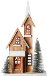 MagicHome karácsonyi dekoráció, templom, 24 x 9 x 42 cm, natúr fa fehér részletekkel, 15 LED-es világítás időzítővel, elemes (TC8095535)