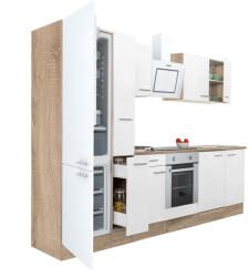 Leziter Yorki 300 Konyhablokk - Sonoma Tölgy Korpusz, Selyemfényű Fehér Front, Alsó Sütős Elemmel, Alulfagyasztós Hűtős Szekrénnyel