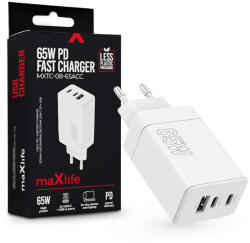 Maxlife MXTC-08-65ACC PD+QC 65W gyorstöltő adapter 2xType-C + USB - fehér (ML081100)