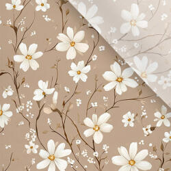 Takoy Enyhén elasztikus műselyem / silky anyag fehér virágok Lema bézs alapon