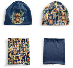 Takoy Panel szabásmintával S-es méret, funkcionális jersey - sapka és nyakmelegítő szett erdei állatok kalandjai sötétkék