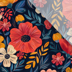 Takoy Enyhén elasztikus műselyem / silky anyag színes virágok sötétkék alapon