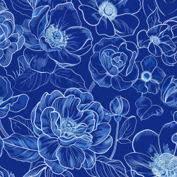 Takoy Közepes félmatt szatén, elasztikus kékfestő jellegű imitáció - virágok MAXI minta
