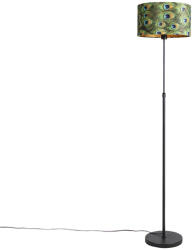 QAZQA Fekete állólámpa bársony árnyékolóval páva mintával aranyozott 35 cm - Parte (98583)