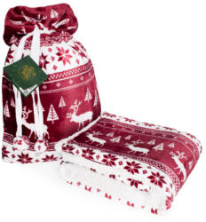  Karácsonyi bordó - fehér norvég mintás 127x152 cm Sherpa gyermek takaró - pléd / dísz zsákban
