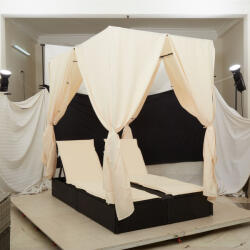 vidaXL Kétrészes Napágy Tetővel és Függönyökkel Fekete Poli Rattán (3376127)