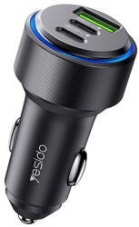 YESIDO Autós töltő (Y50) - 2x Type-C, USB-A, Gyors töltés, 60W, LED lámpa gyűrű, Intelligens hőmérséklet-szabályozó chip - Fekete
