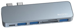 Yesido - Docking Station 4 az 1-ben (HB10) - 2x Type-C 3x USB, USB-C, SD/TF, 6 az 1-ben elosztó, Gyors töltés, 96W, 5Gbps - Szürke