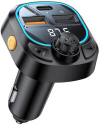YESIDO Autós Töltő (Y70) FM Transzmitterrel, Kettős USB-C + USB-A Port, Bluetooth 5.3, 15W - Fekete