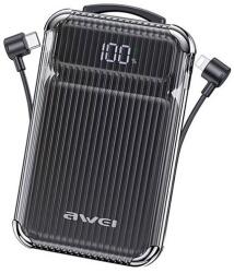 Awei p89k vésztöltő usb+type-c aljzat, 10000mah, 38.5w, pd gyorstöltő + fix type-c+lightning kábel, fekete (P89K_B)