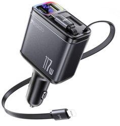 YESIDO - 4 az 1-ben Autós Töltő (Y63) - 2x Visszahúzható Kábellel, LED Hangulatfény, Gyors Töltés, 117W - Szürke